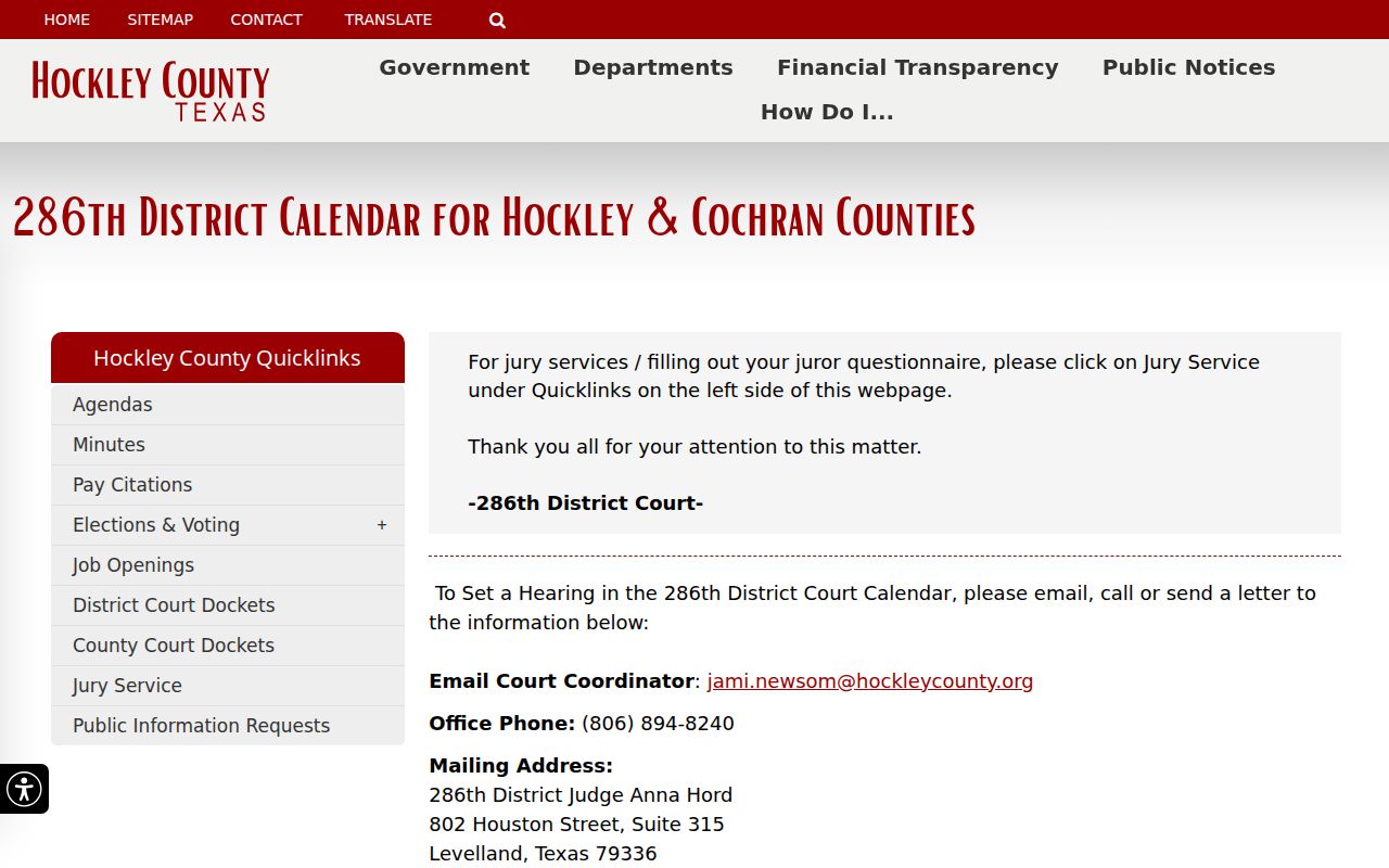 Hockley County court calendar month view
