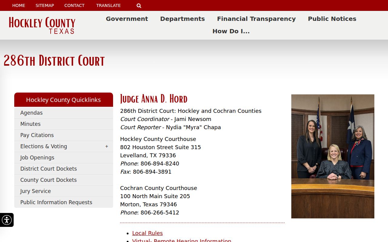 Hockley County court dates and District Court contacts
